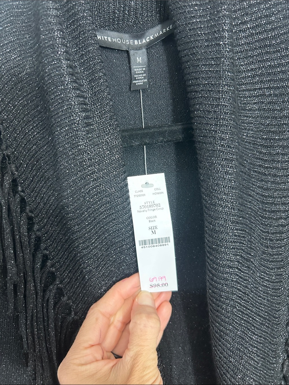 White House Black Market Novelty Fringe Open Cardigan Black Shimmer NWT, medium - Picture 4 of 5